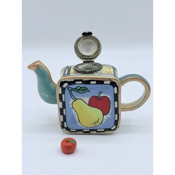 Vintage Miniature Teapot Trinket Box Hinged Lid Set Of 4 Flowers & Fruit - Picture 2 of 11